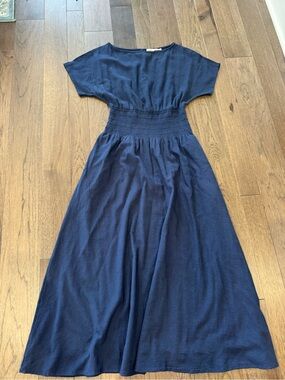 Faherty “Coast to Coast” Navy Short-Sleeve Smocked-Waist Midi Cotton Dress